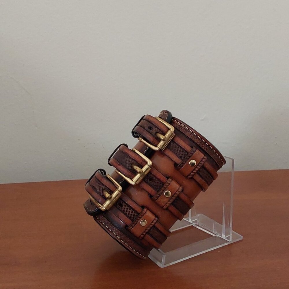 Hand tooled Wide Leather Cuff Bracelet with Triple Straps - Picture 9 of 12